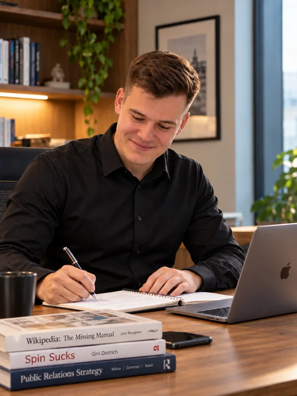 Daniel recherchiert mit Fachliteratur für einen Wikipedia-Eintrag