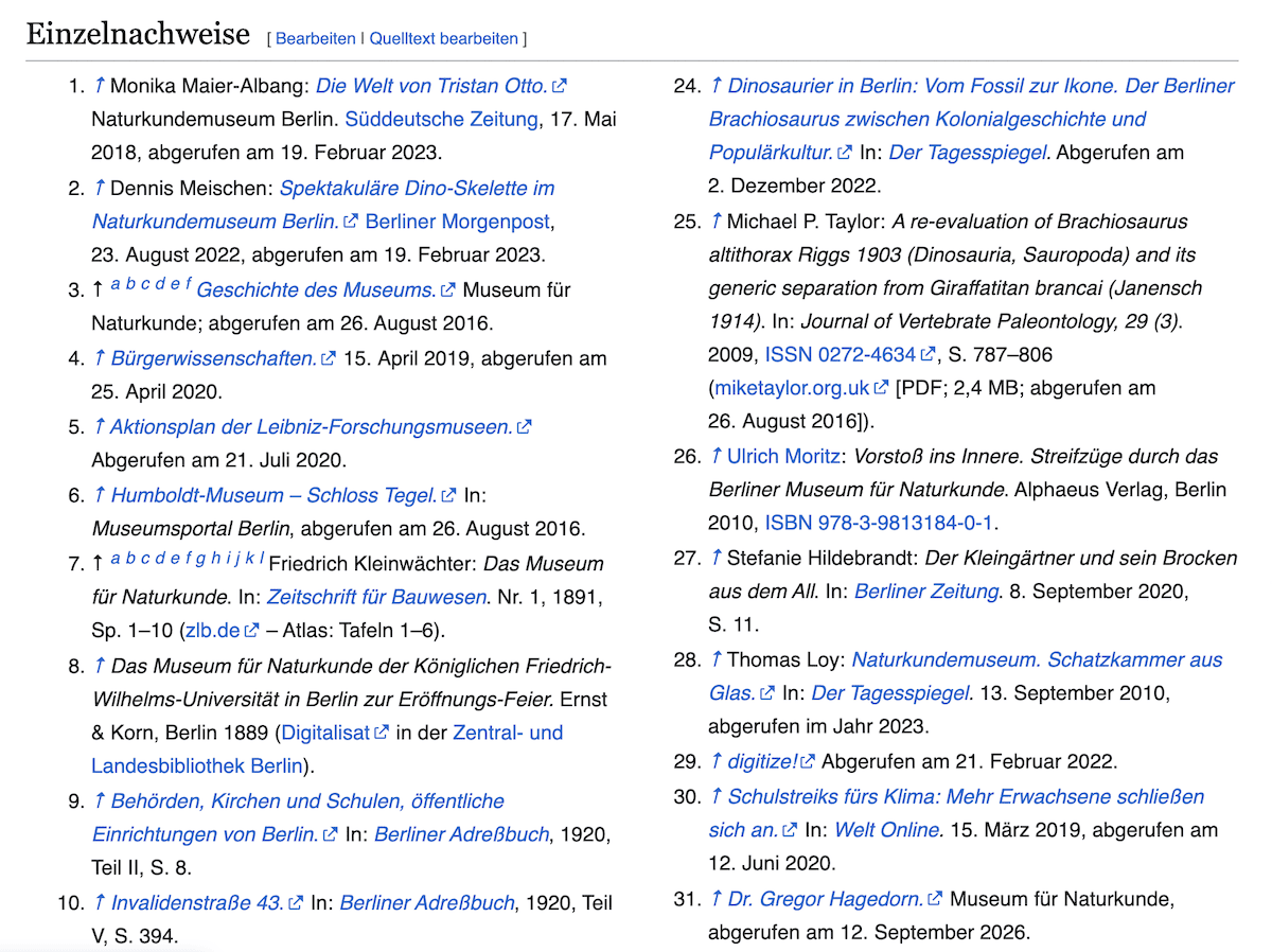 Einzelnachweise eines Wikipedia-Artikels mit Belegen aus Presse, Fachliteratur und Archiven