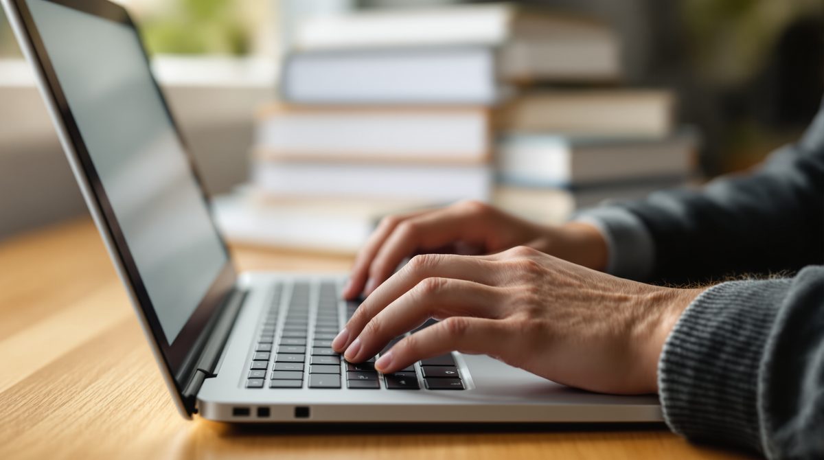 Eintrag bei Wikipedia erstellen: Hände an der Laptop-Tastatur