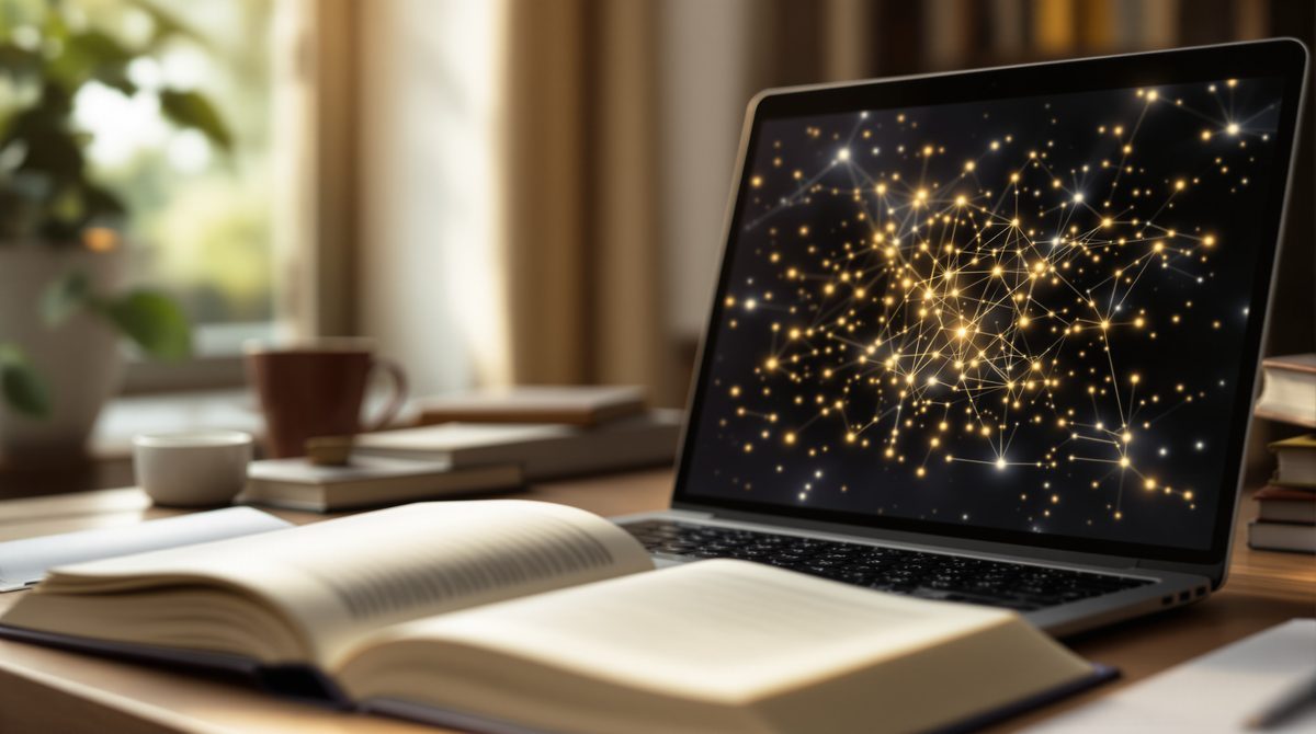 Wikipedia-Artikel und GEO: aufgeschlagenes Nachschlagewerk vor einem Laptop mit leuchtendem Wissensnetz