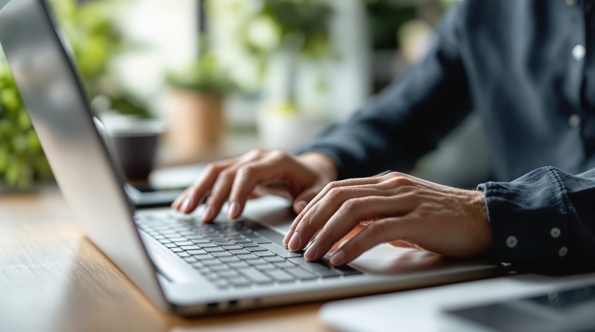 Wikipedia-Einträge bearbeiten: Hände an der Laptop-Tastatur