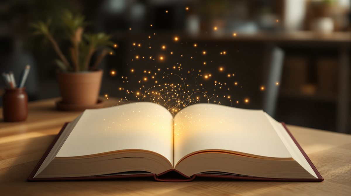 Wikipedia-Eintrag erstellen: Aufgeschlagenes Buch, aus dem Wissen als Lichtpunkte aufsteigt
