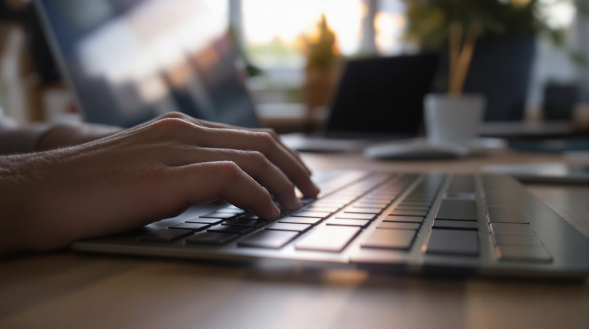 Wikipedia-Eintrag schreiben: Hände an der Laptop-Tastatur